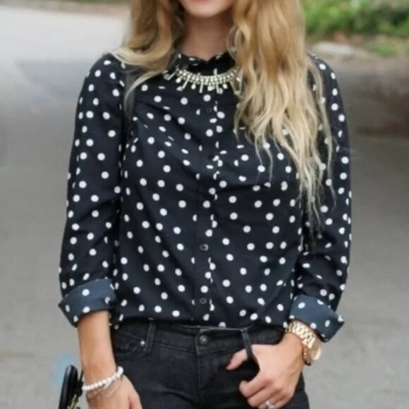 Merona Black Blouse with White Polka Dots Small - Picture 1 of 7